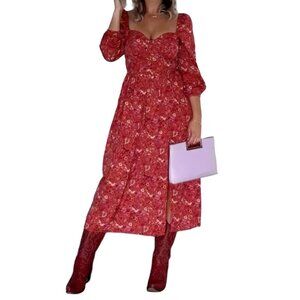 BOG Collective Front Slit Smocked Back Floral Coral Boho Western Midi Dress S